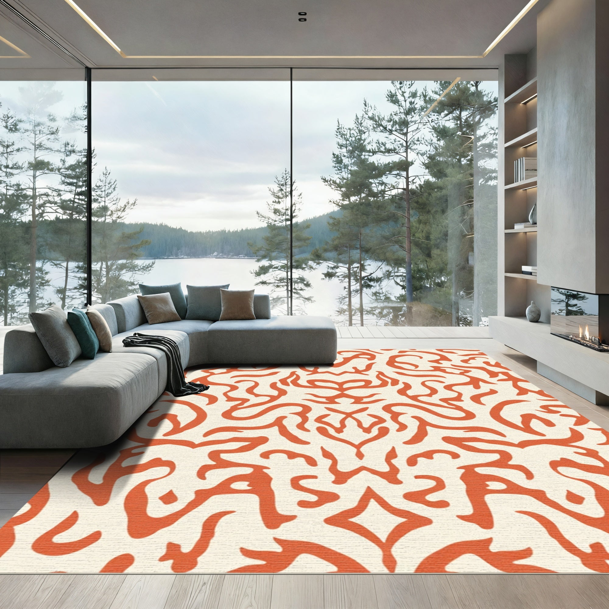 Orange Ivory Organic Abstract Swirl Rug