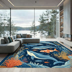 Oceanic Life Blue Gold Dolphins Coral Rug