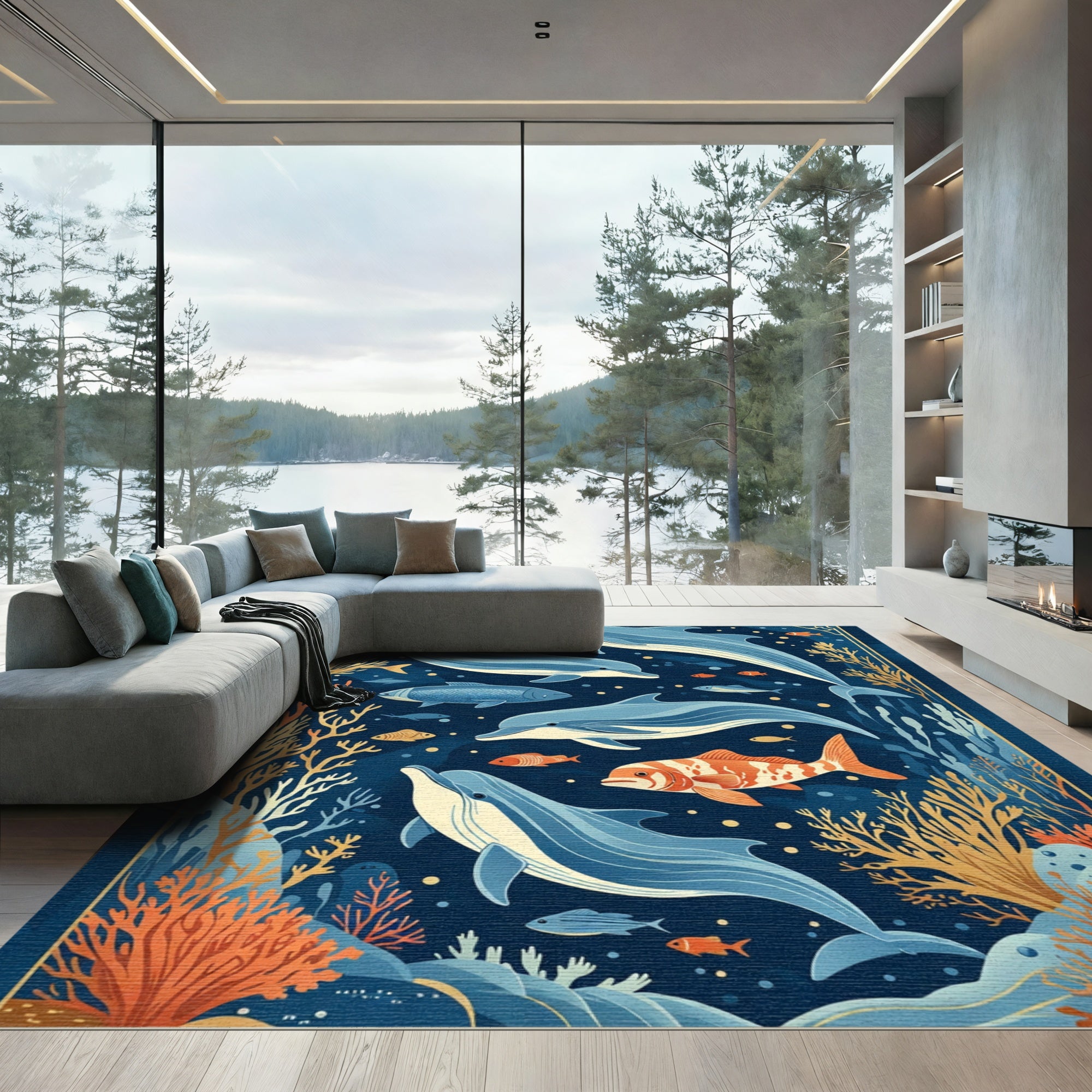 Oceanic Life Blue Gold Dolphins Coral Rug