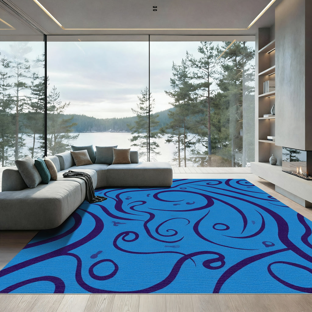 Deep Blue Wavy Swirl Abstract Rug