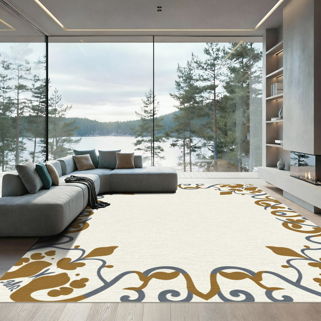 Ornate Mustard Blue Scroll Border Rug