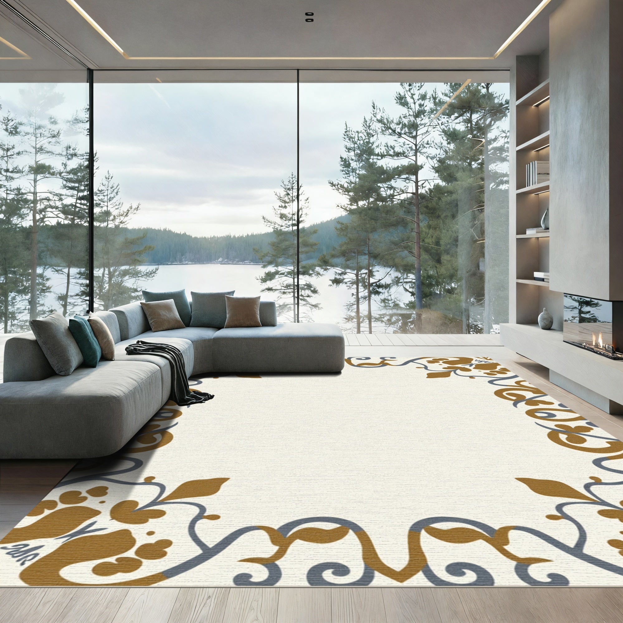 Ornate Mustard Blue Scroll Border Rug