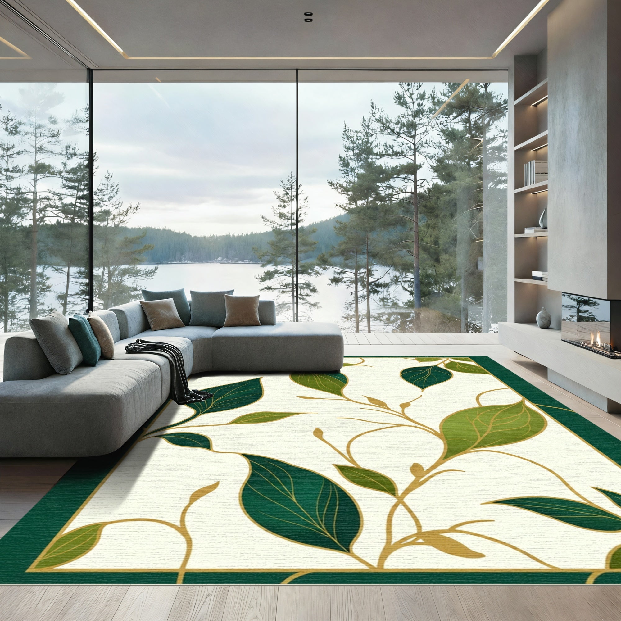 Elegant Emerald Leaf Vine Swirls Rug