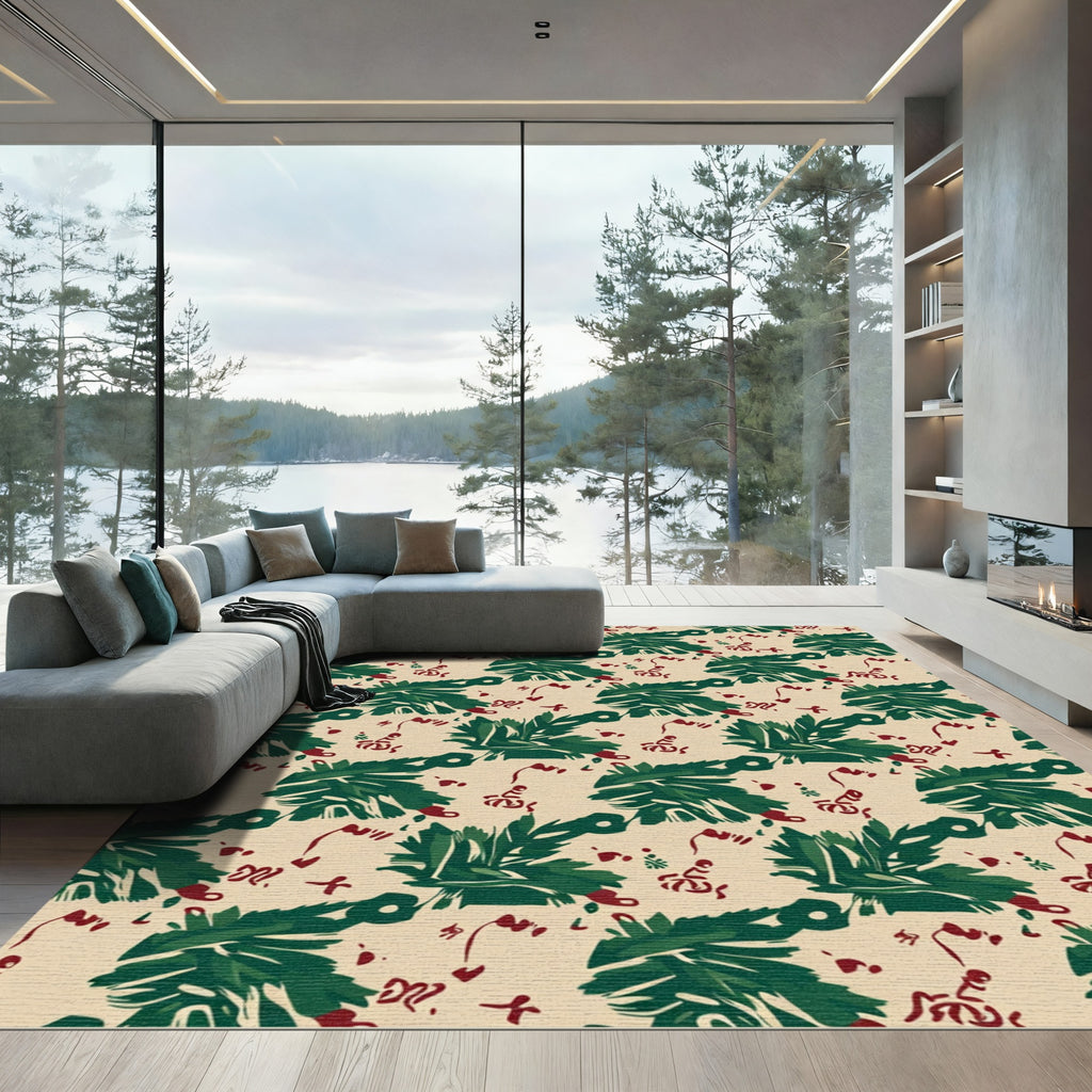 Deep Green Evergreen Branch Accents Rug