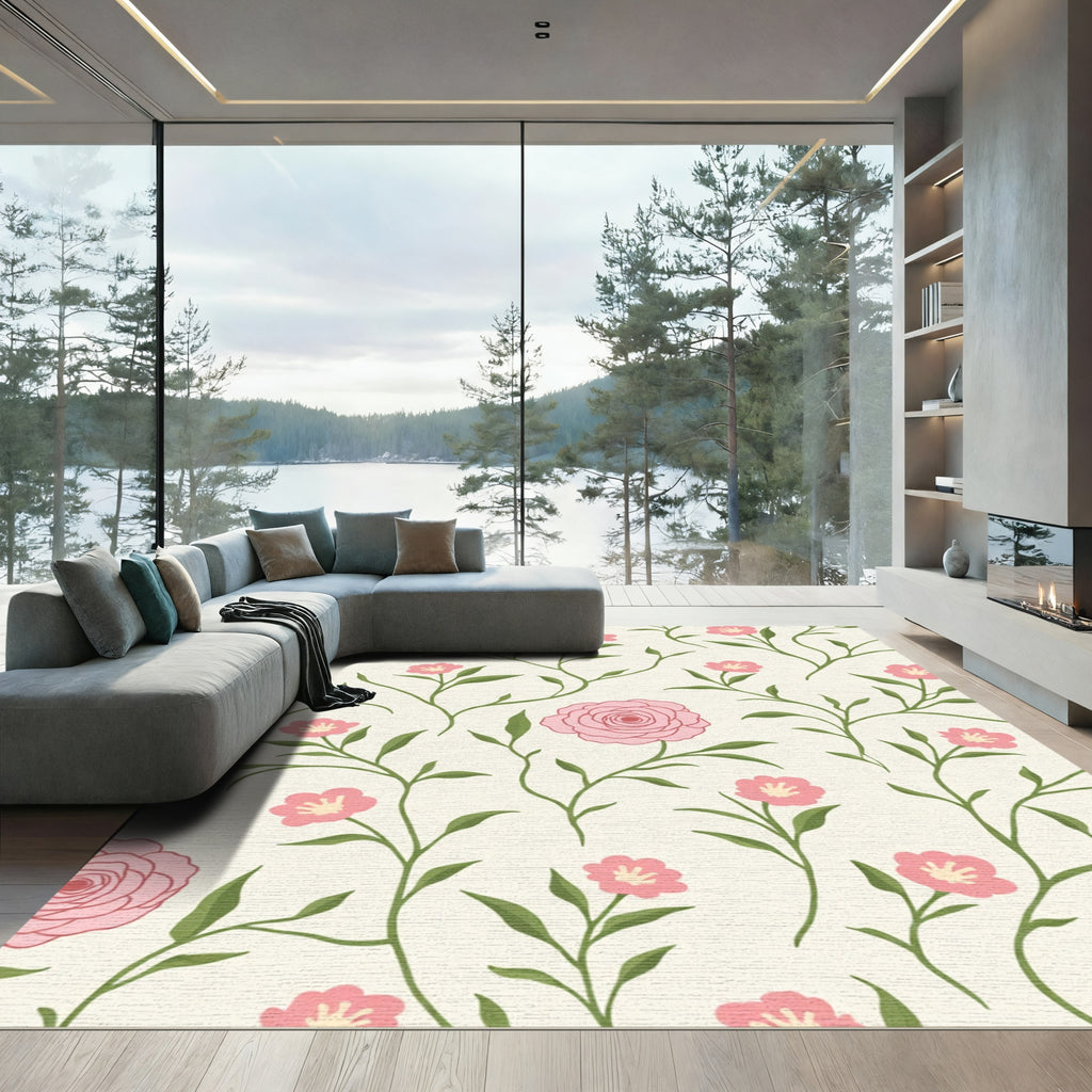 Pink Floral Vine Cream Rug