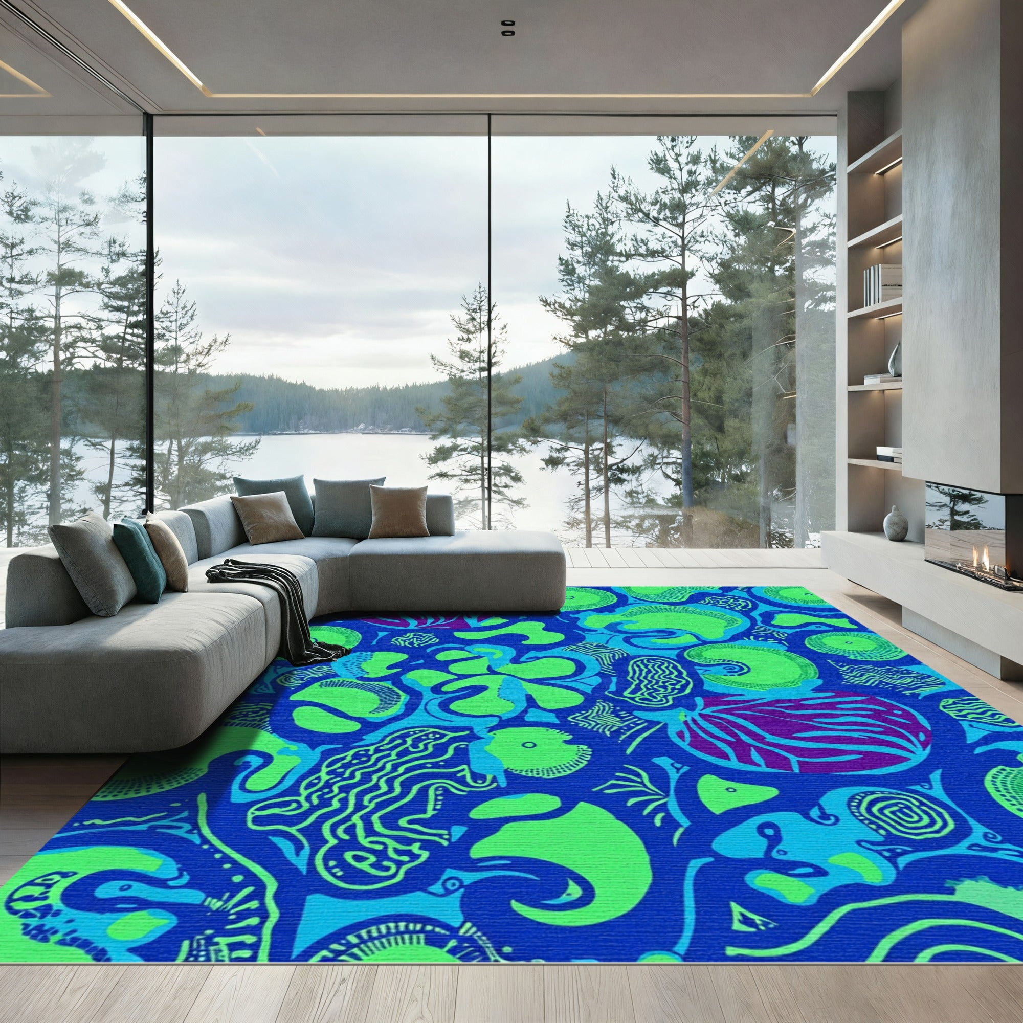 Vibrant Blue Abstract Organic Forms Rug