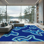 Deep Blue Abstract Wavy Shapes Rug