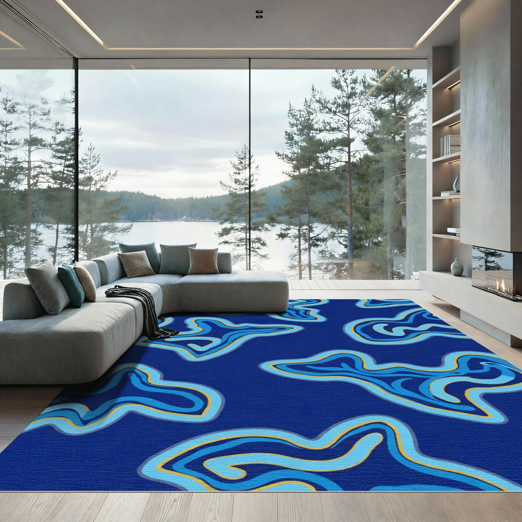 Deep Blue Abstract Wavy Shapes Rug