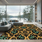 Gold Emerald Black Floral Damask Rug