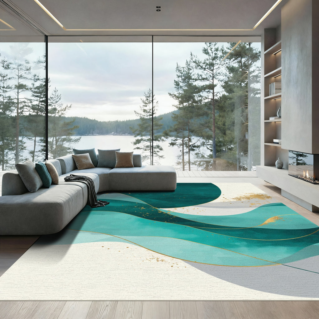 Teal and Gold Abstract Wave Rug