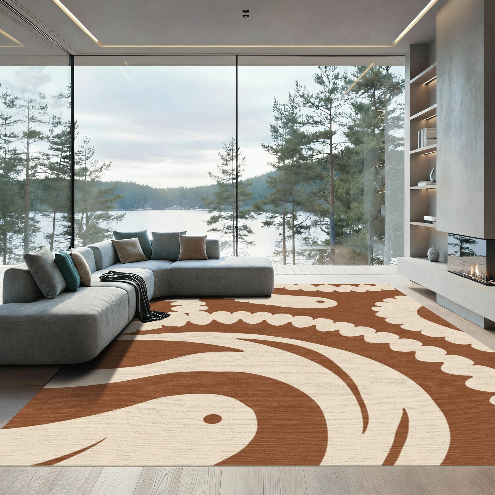 Cream Organic Swirl Brown Rug