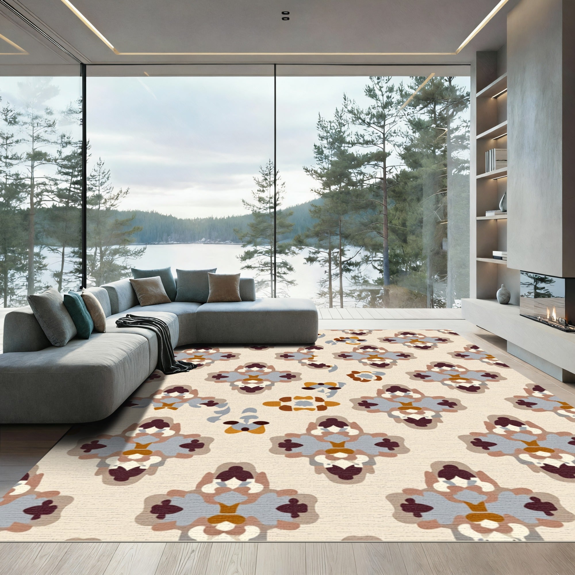 Tan Blue Brown Quatrefoil Medallion Rug