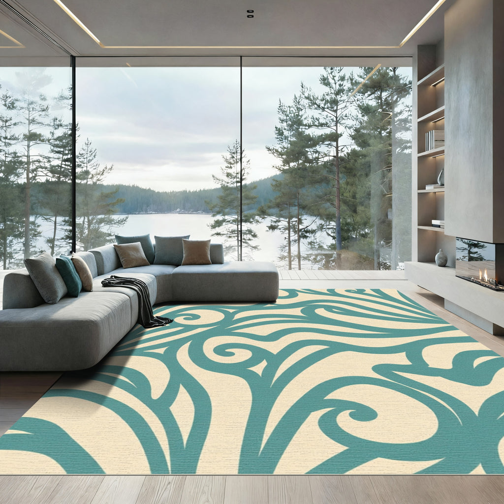 Cream Teal Abstract Swirl Rug