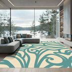 Cream Teal Abstract Swirl Rug