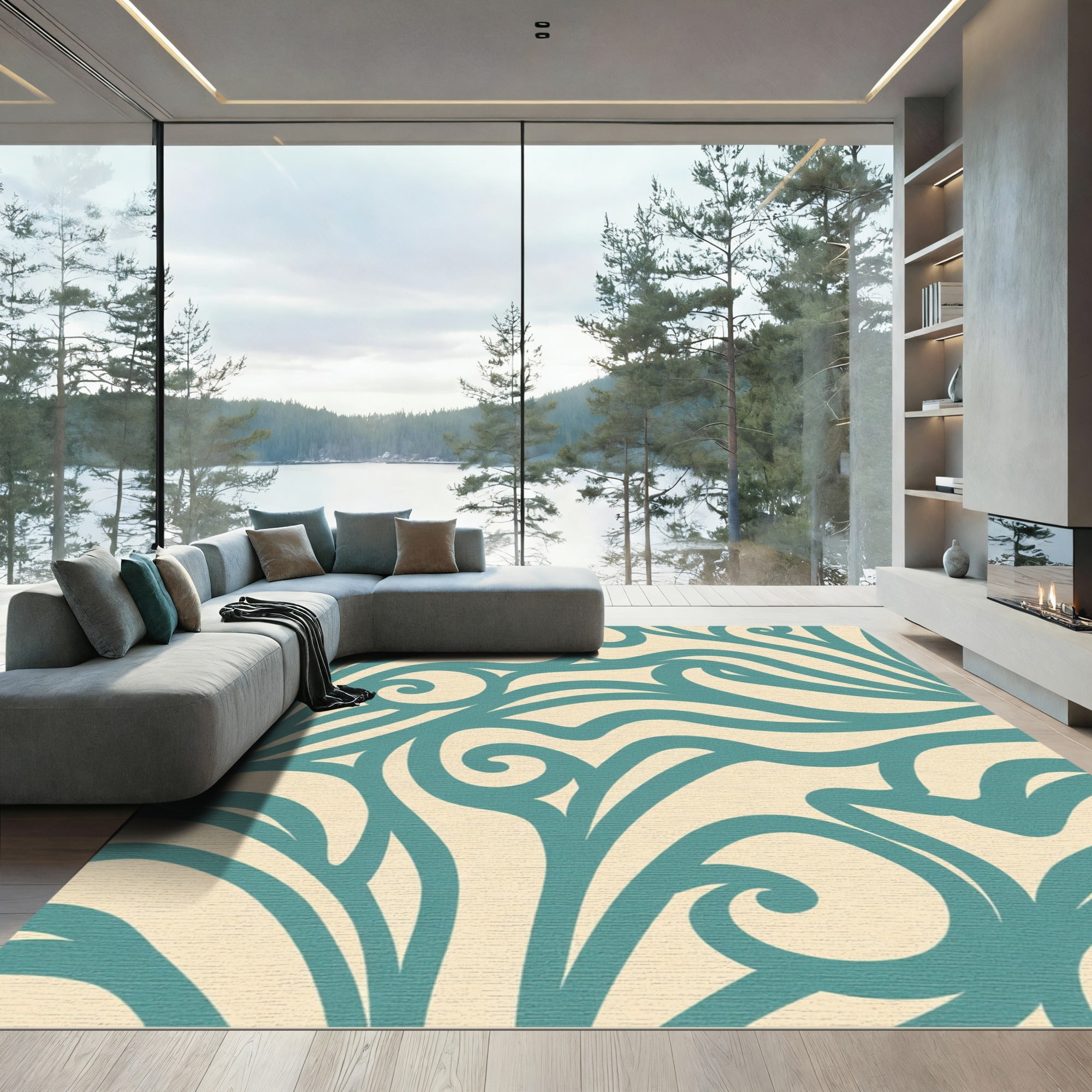 Cream Teal Abstract Swirl Rug