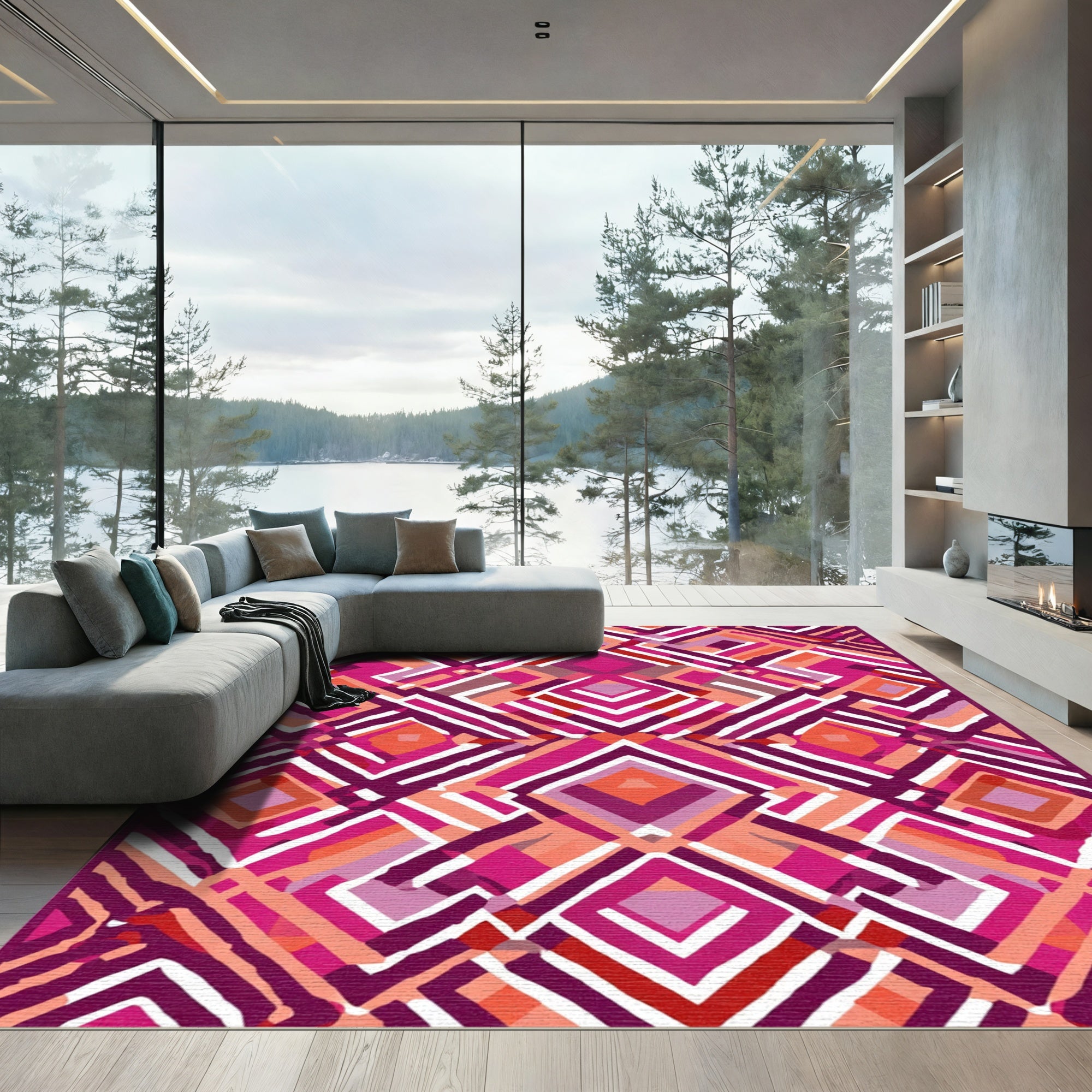 Vibrant Pink Diamond Geometric Overlay Rug
