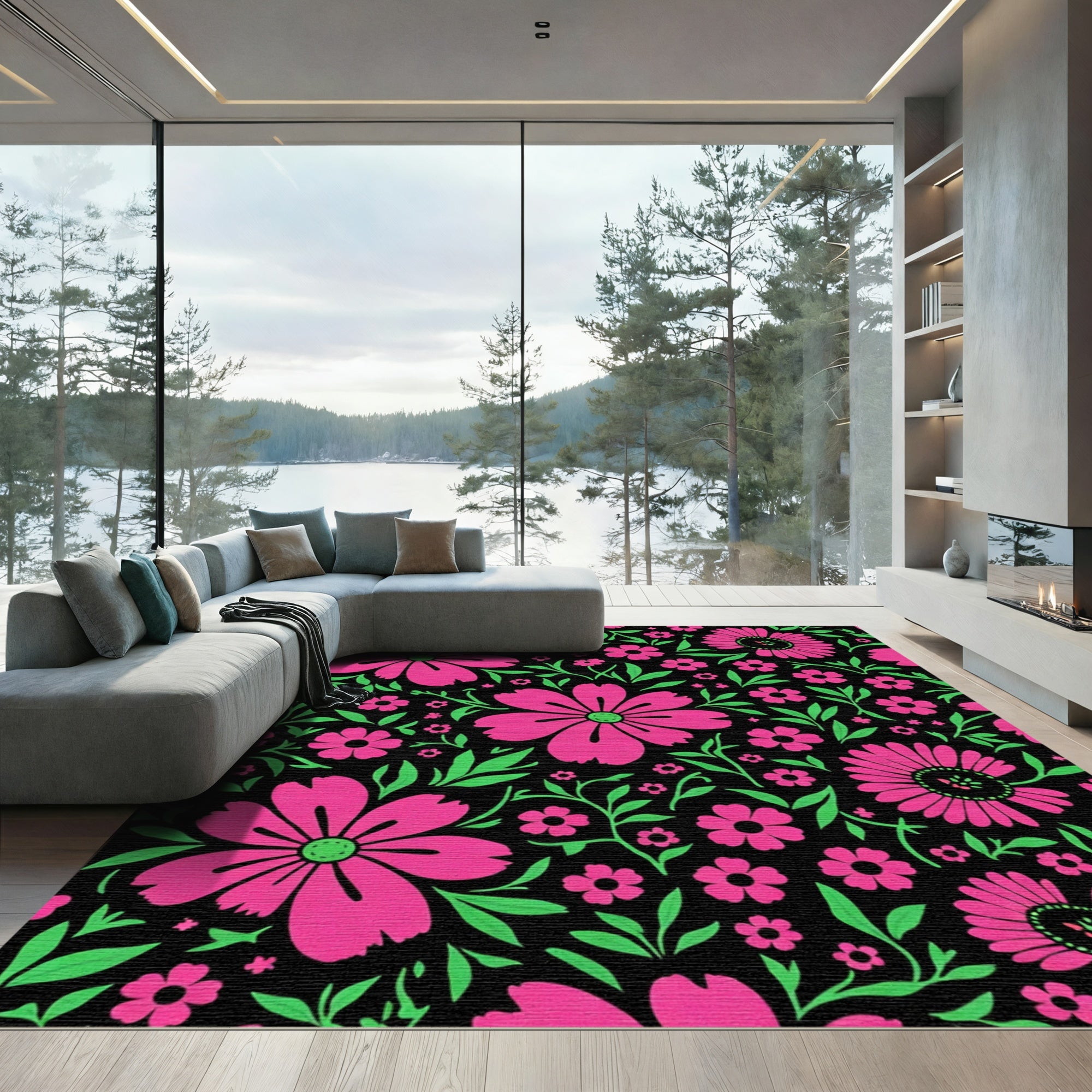 Vibrant Pink Floral Garden Black Rug