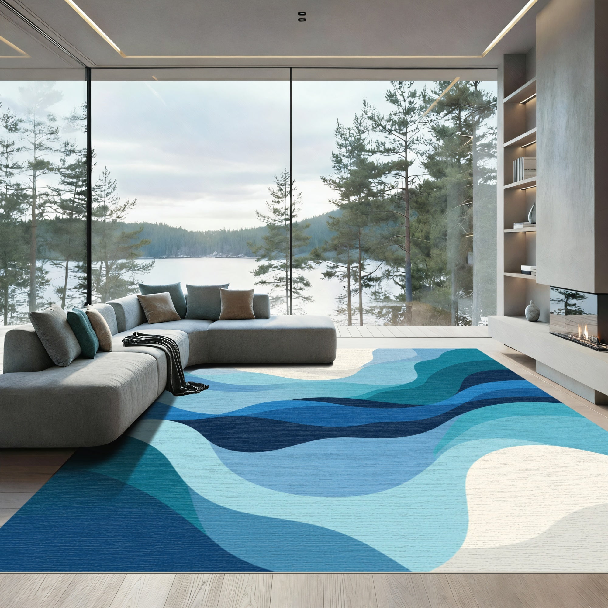 Wavy Blues Abstract Layered Flow Rug