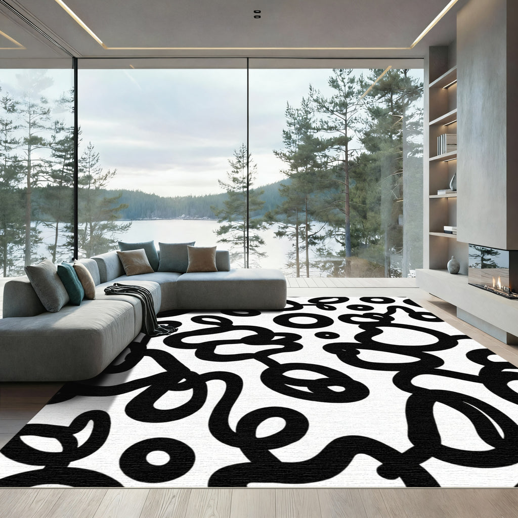 Black White Abstract Swirls Circles Rug