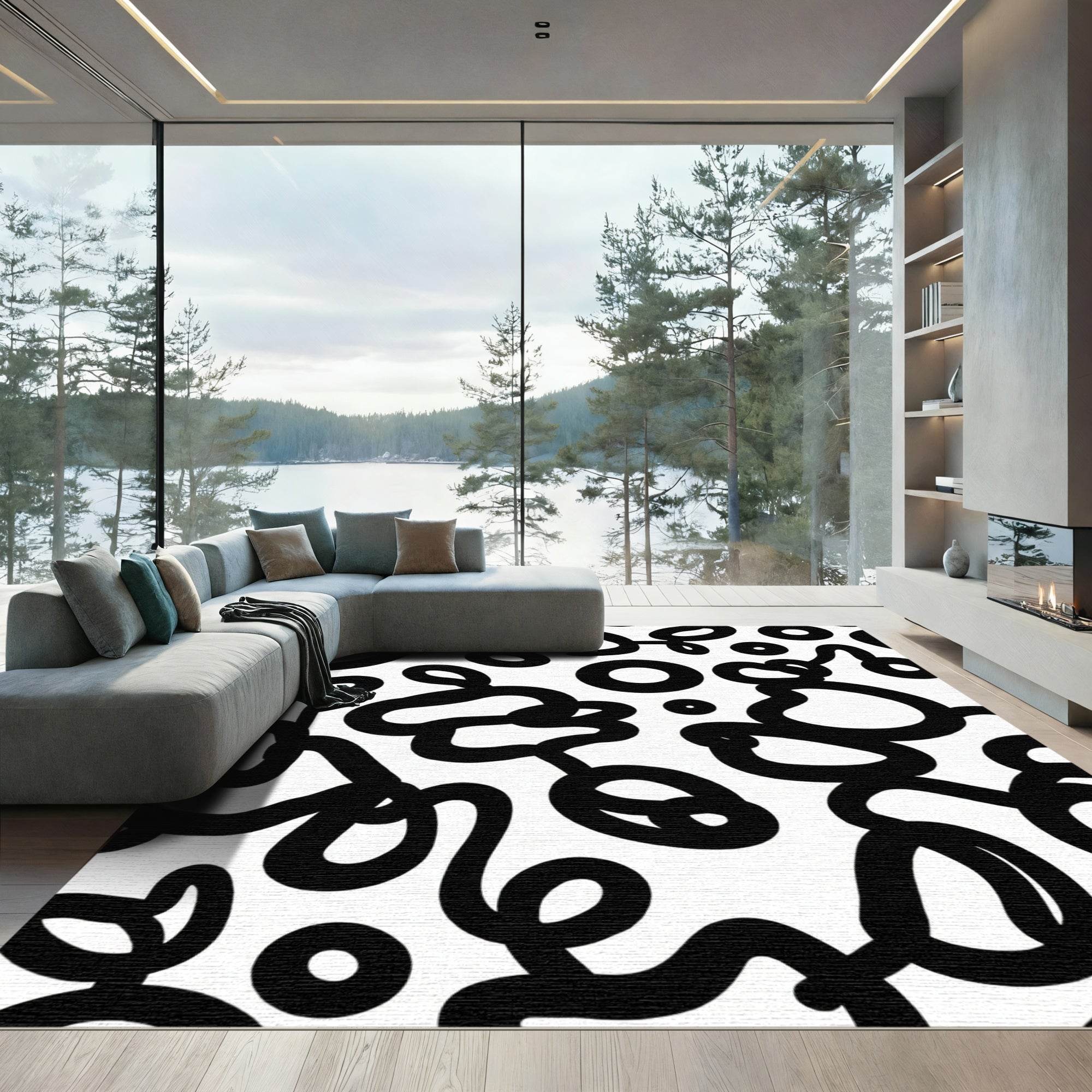 Black White Abstract Swirls Circles Rug