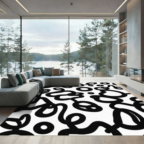 Black White Abstract Swirls Circles Rug