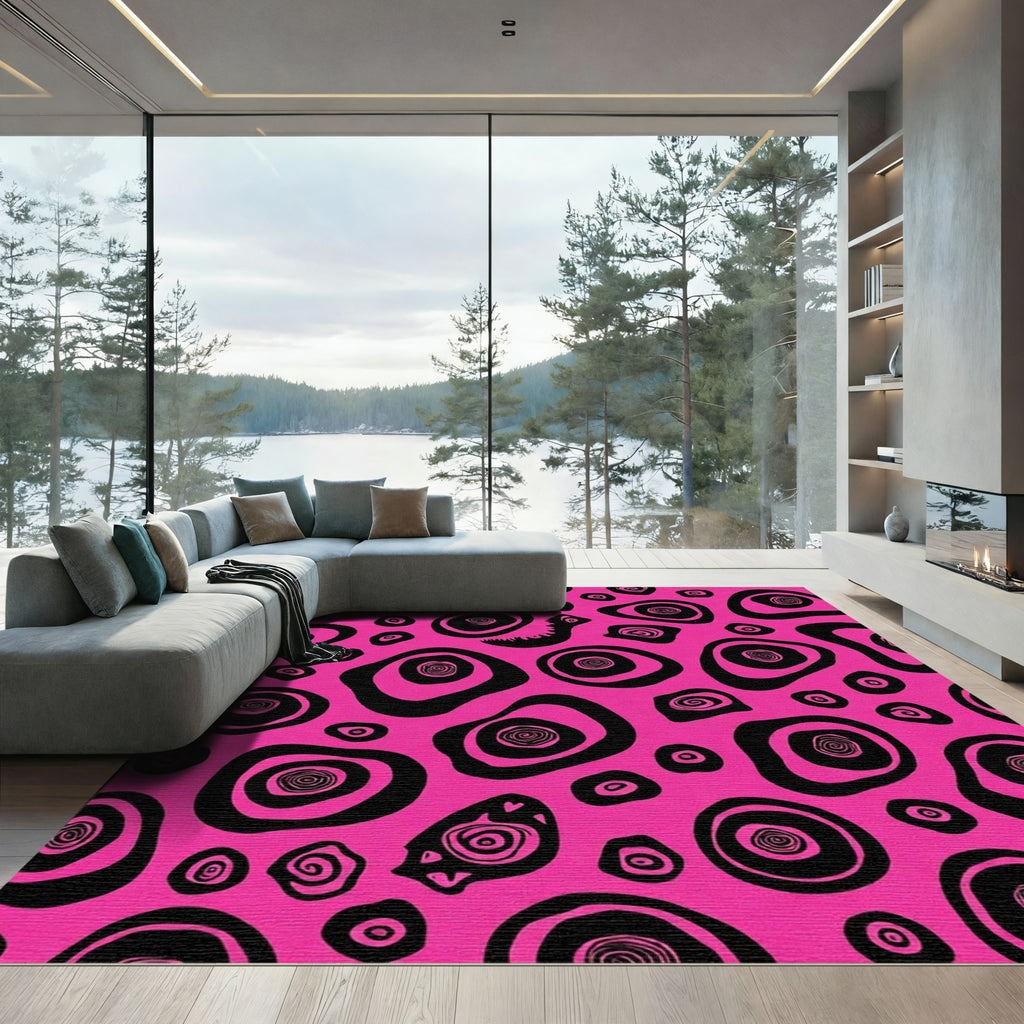 Vibrant Pink Black Abstract Organic Shapes Rug