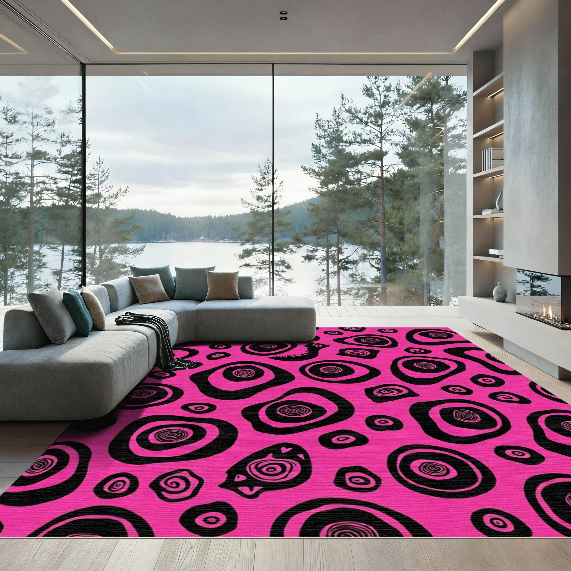 Vibrant Pink Black Abstract Organic Shapes Rug