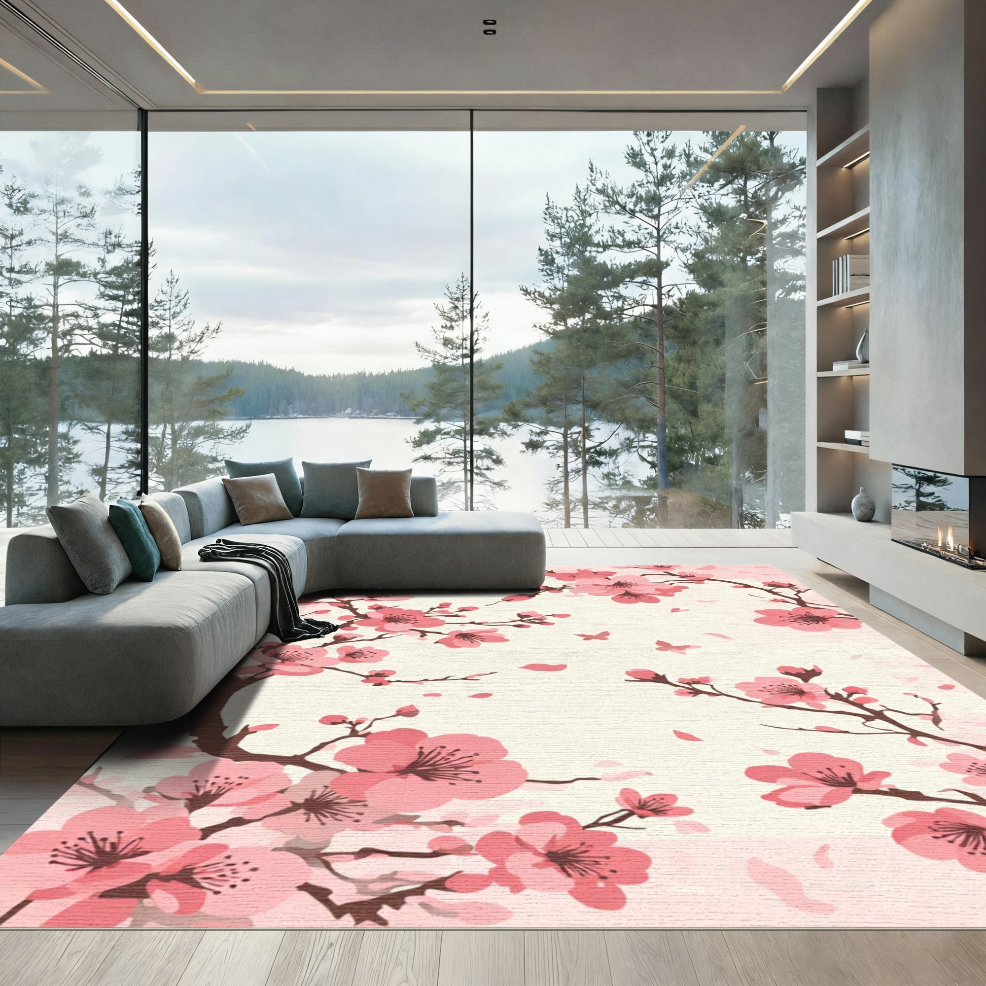 Pink Cherry Blossom Butterflies Branch Rug
