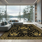 Black Gold Lion Head Heraldic Border Rug