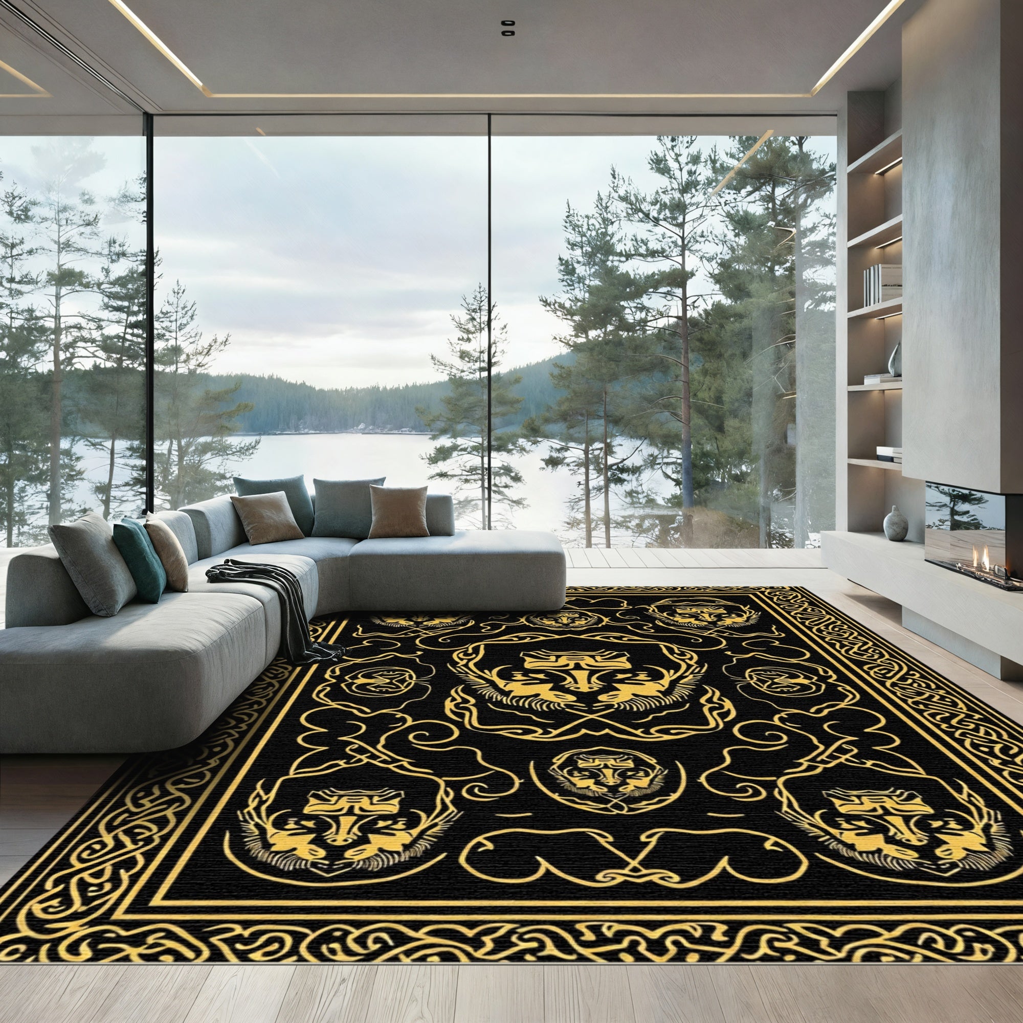 Black Gold Lion Head Heraldic Border Rug