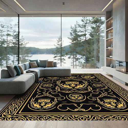 Black Gold Lion Head Heraldic Border Rug