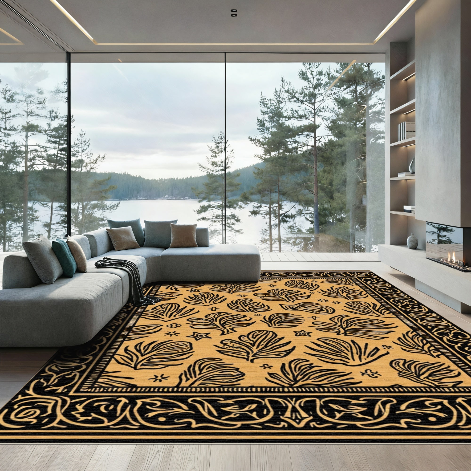 Golden Ochre Leaf Border Rug