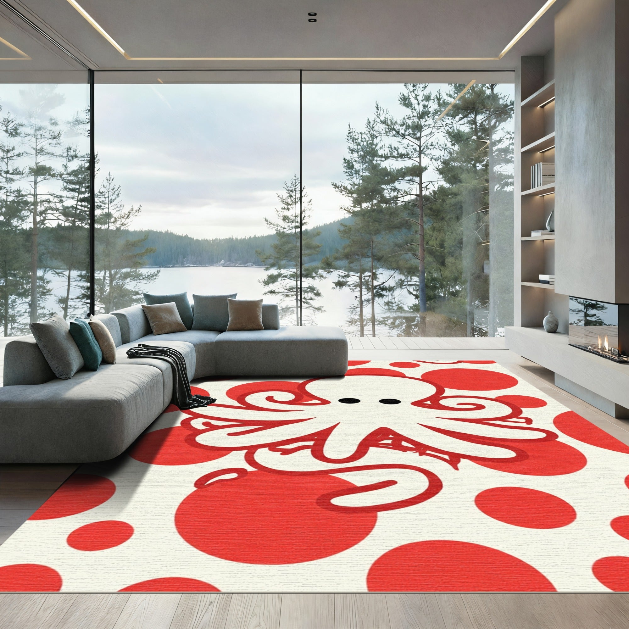 Animated Red Octopus Polka Dot Area Rug