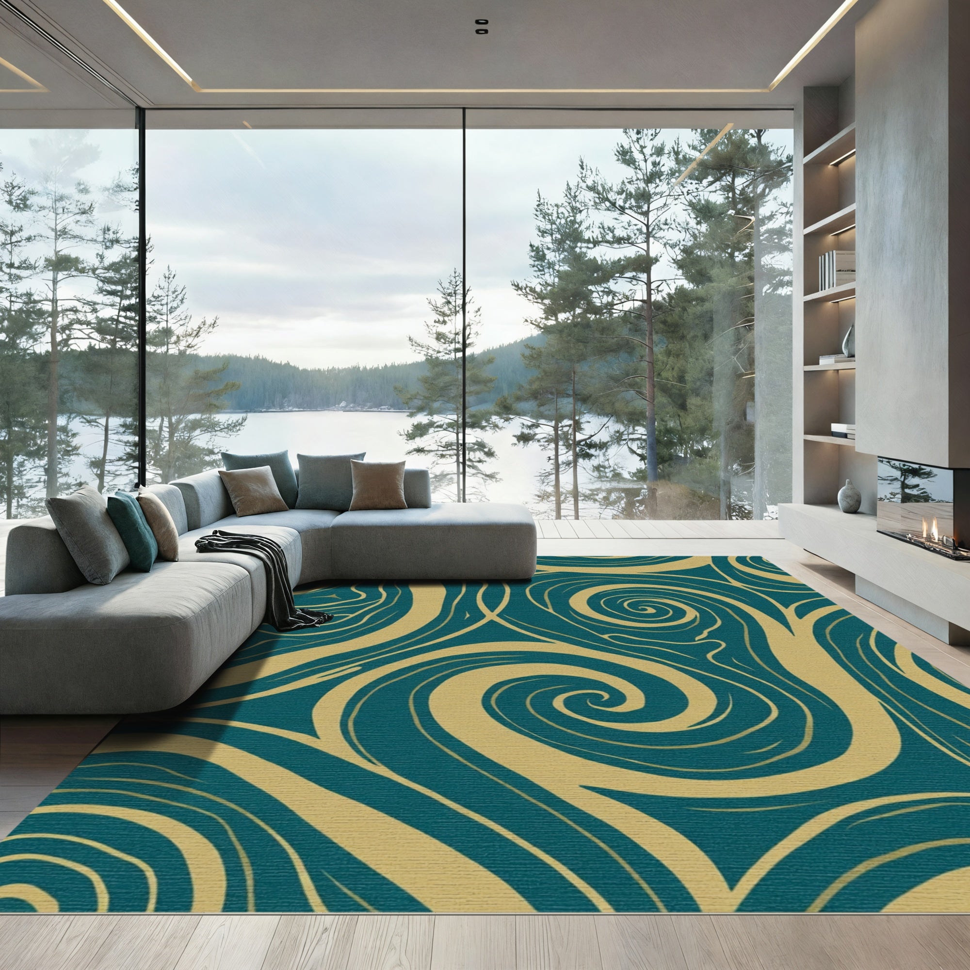Teal and Gold Swirling Lines Rug