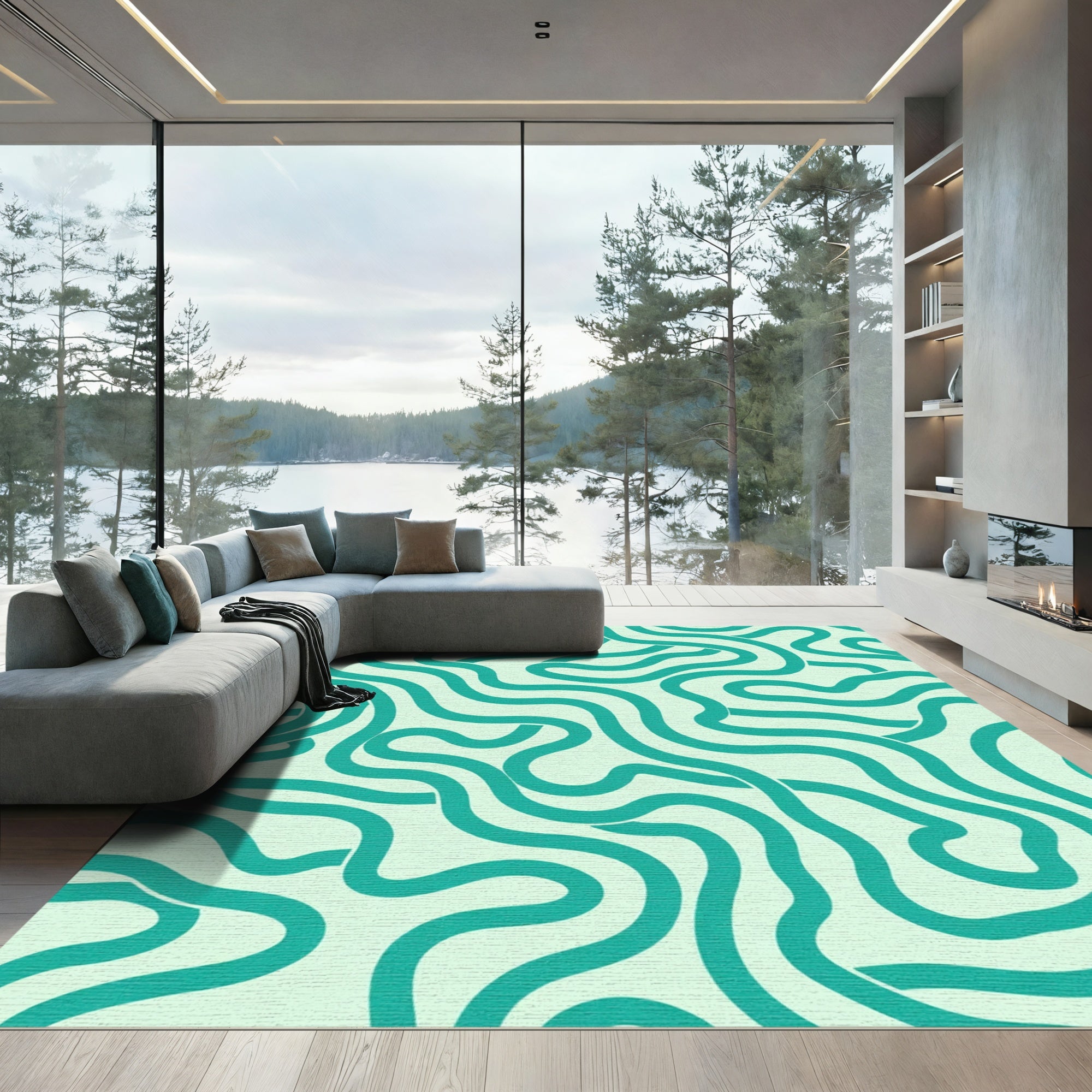 Teal Wavy Line Abstract Rug