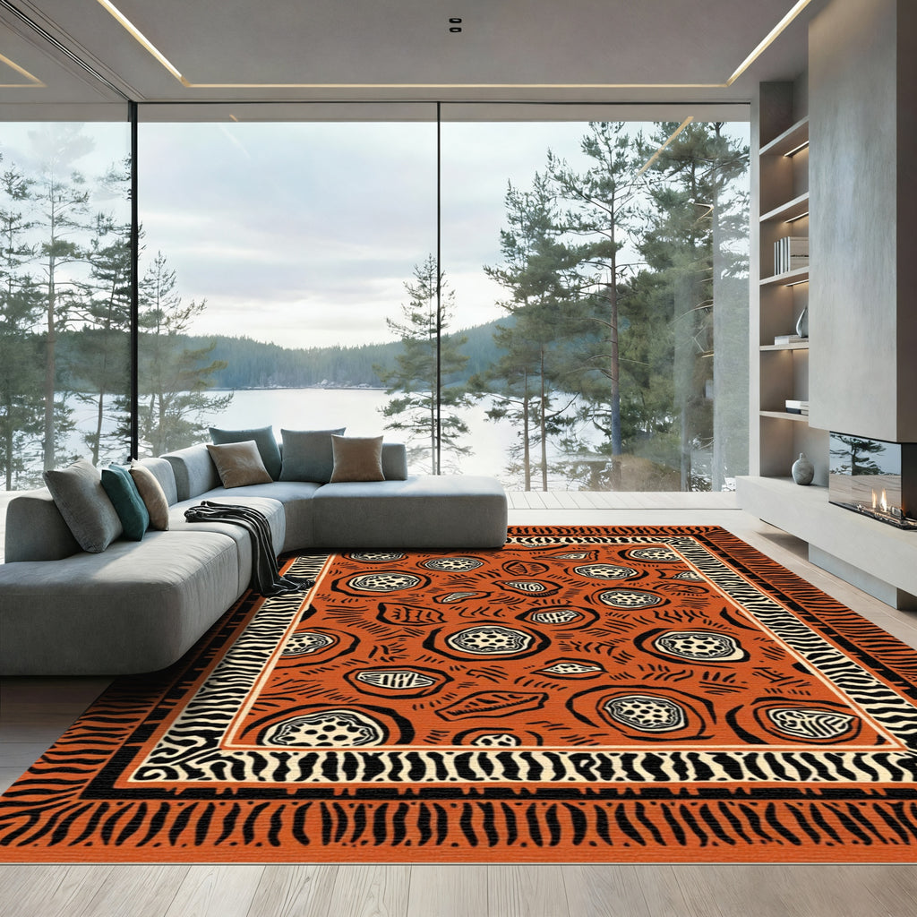Terracotta Abstract Organic Circles Border Rug