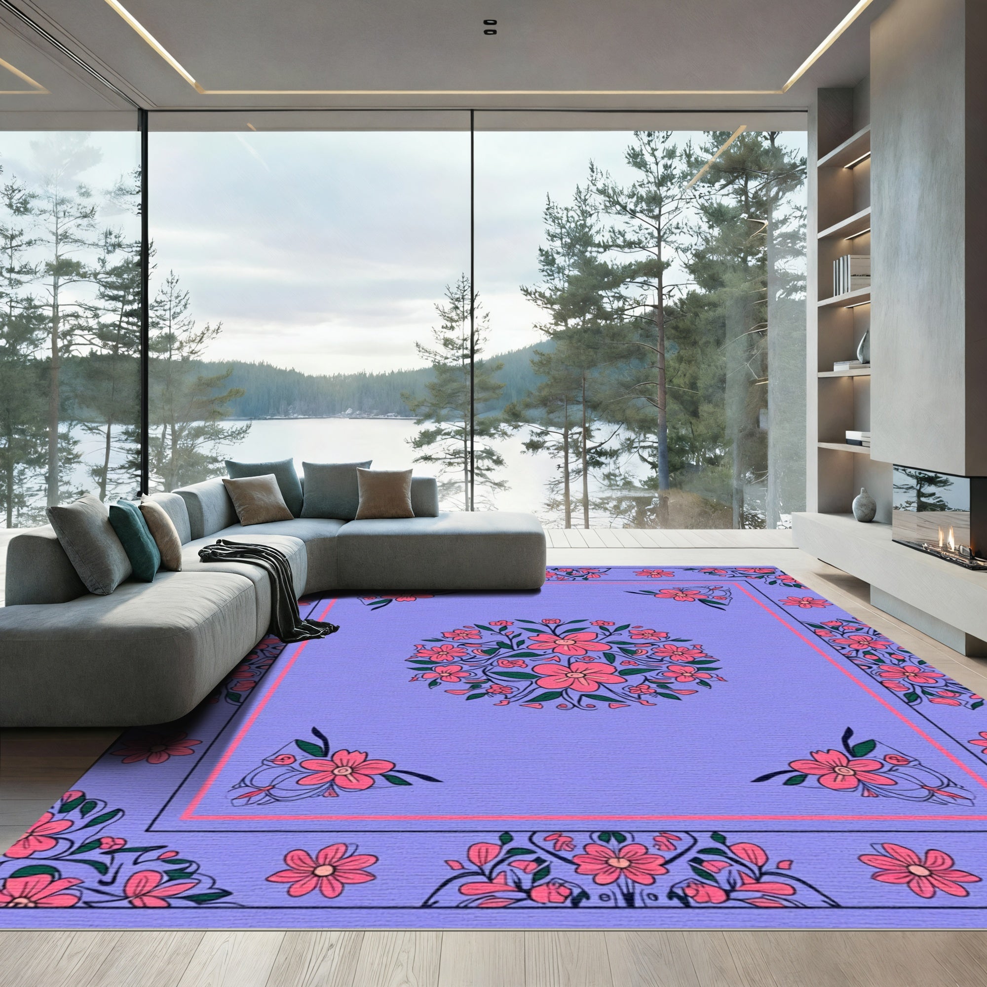 Crimson Pink Floral Garden Medallion Rug