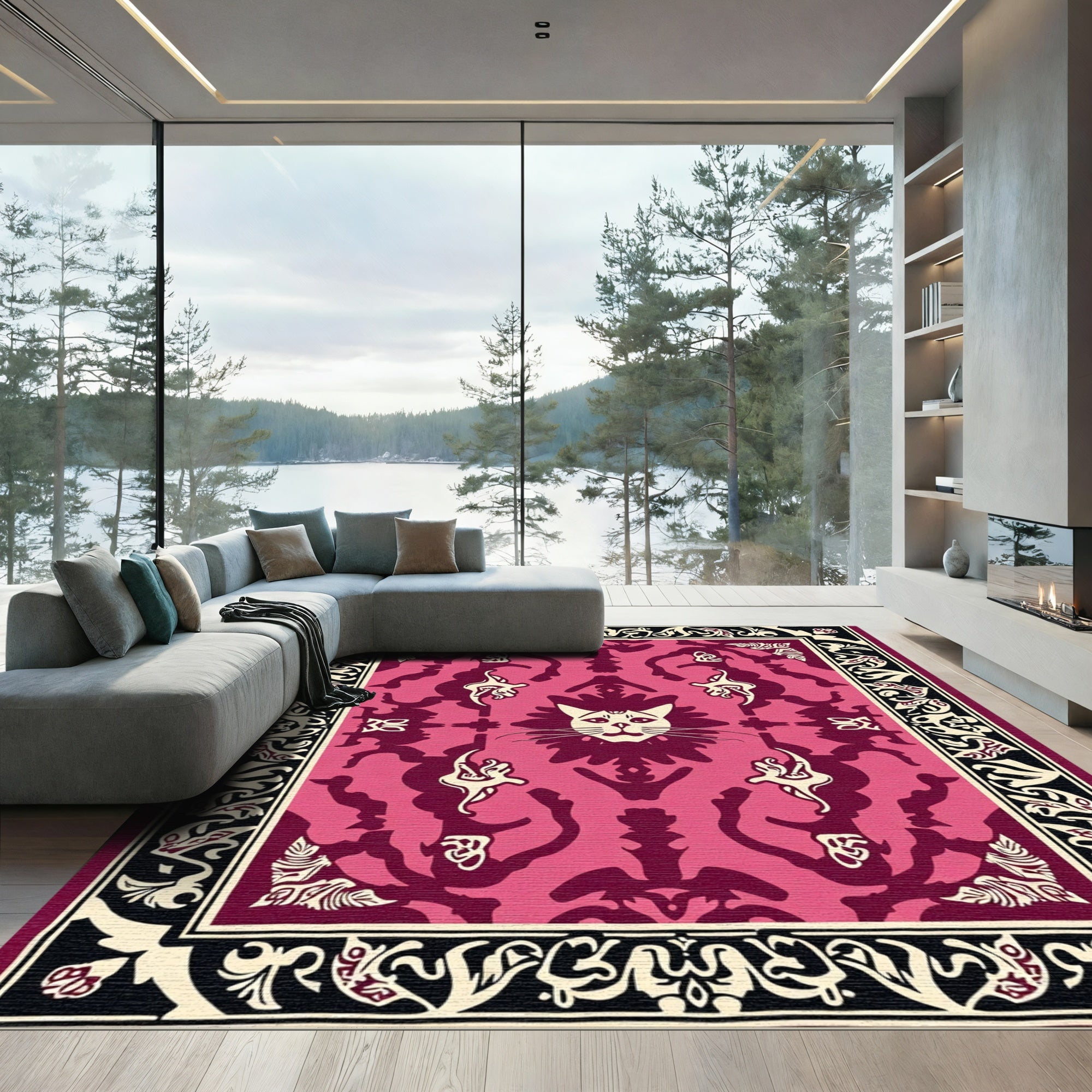 Whimsical Pink Cat Face Border Rug