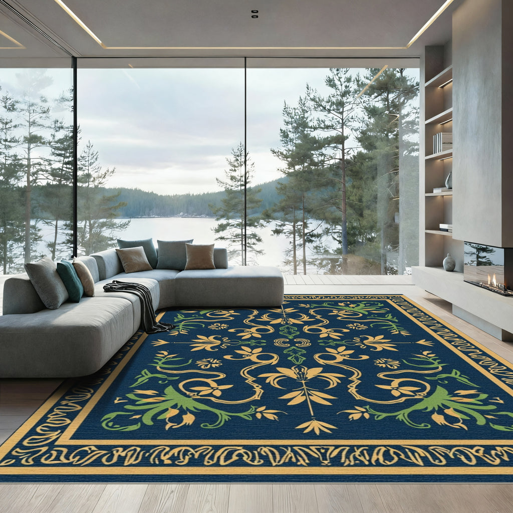 Ornate Blue and Gold Floral Arabesque Rug