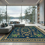 Ornate Blue and Gold Floral Arabesque Rug
