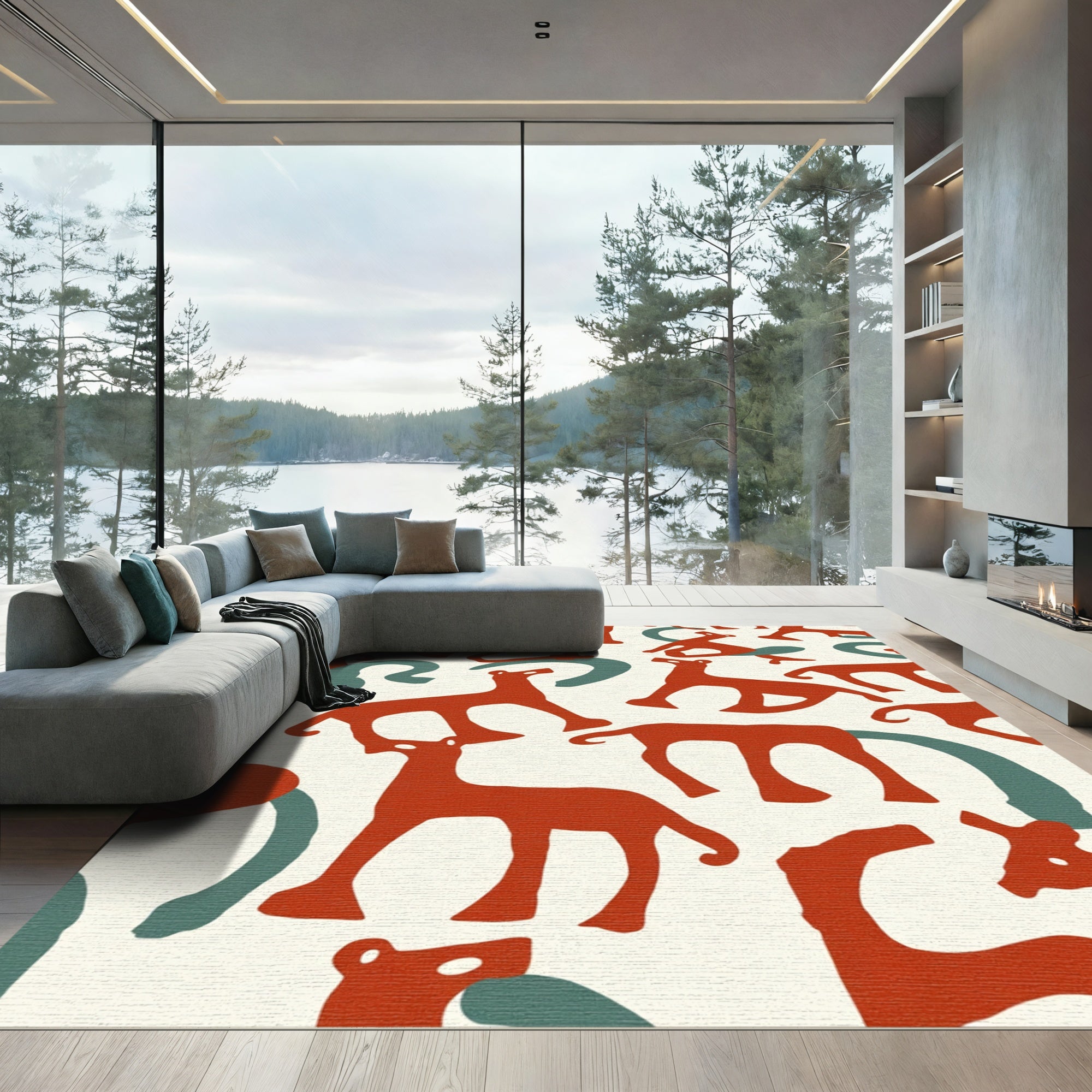 Red Deer Aqua Swirls Contemporary Rug
