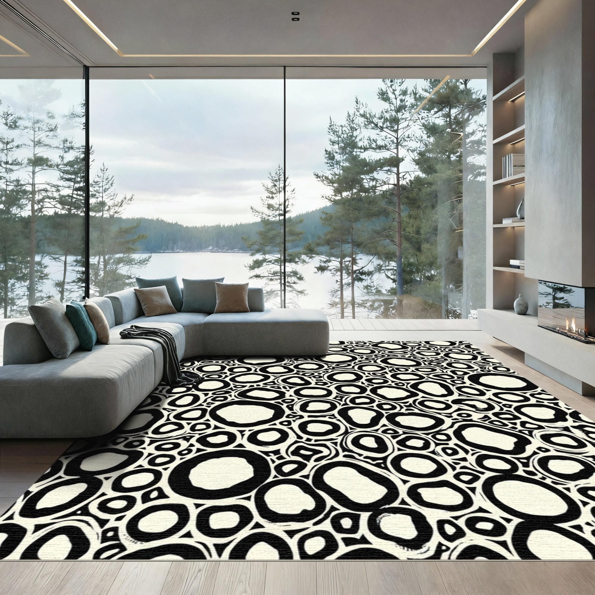 Abstract Black Cream Organic Circles Rug