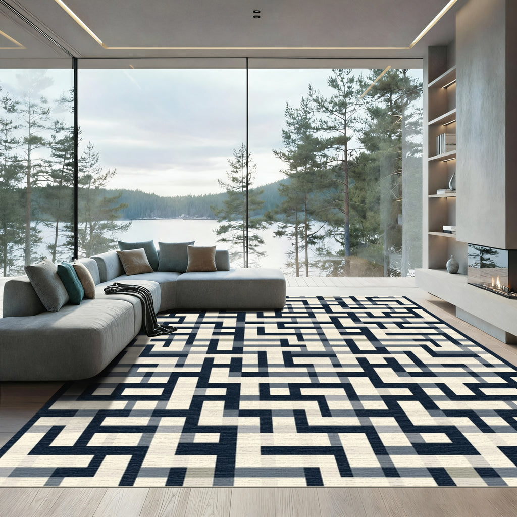 Modern Blue Black Geometric Maze Rug