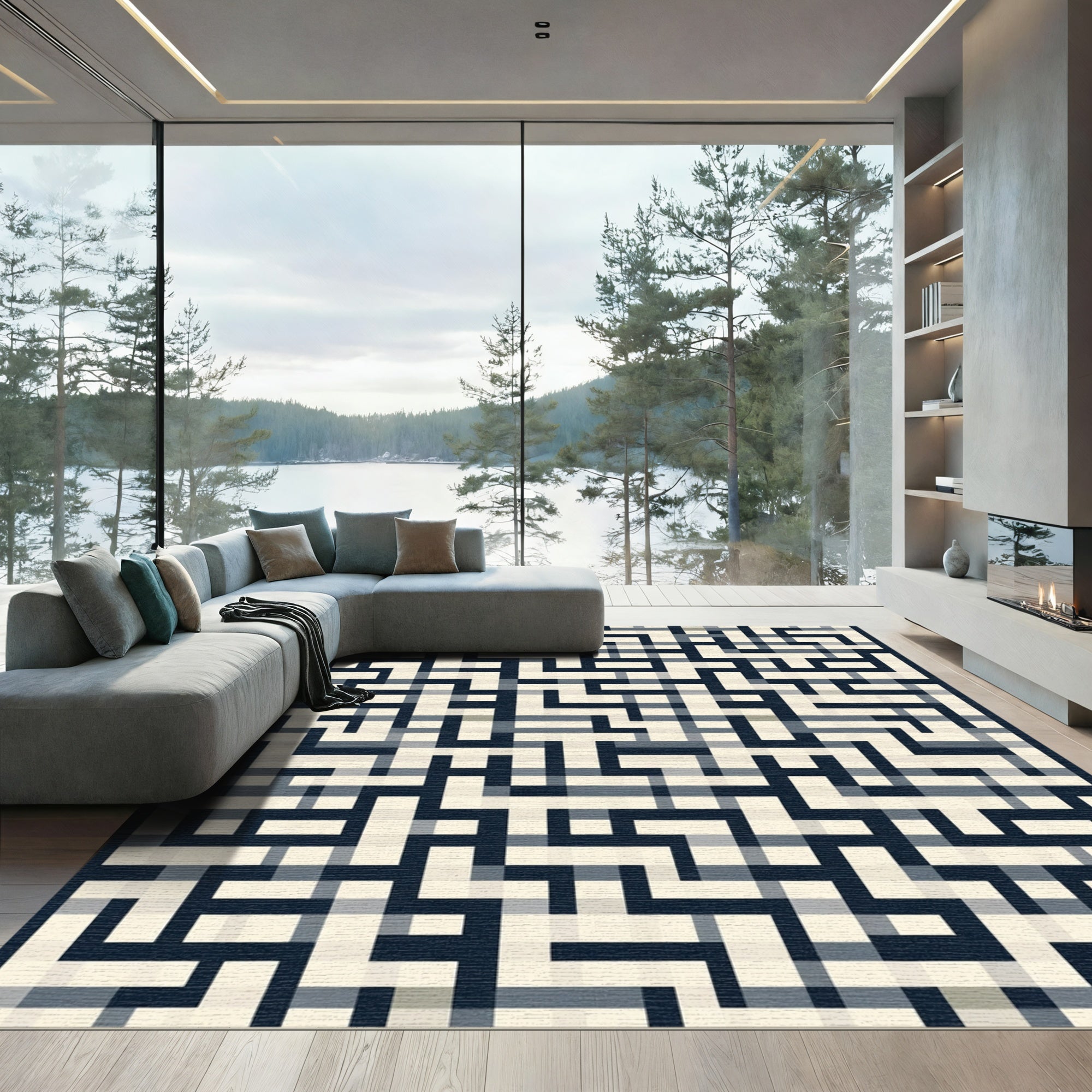 Modern Blue Black Geometric Maze Rug