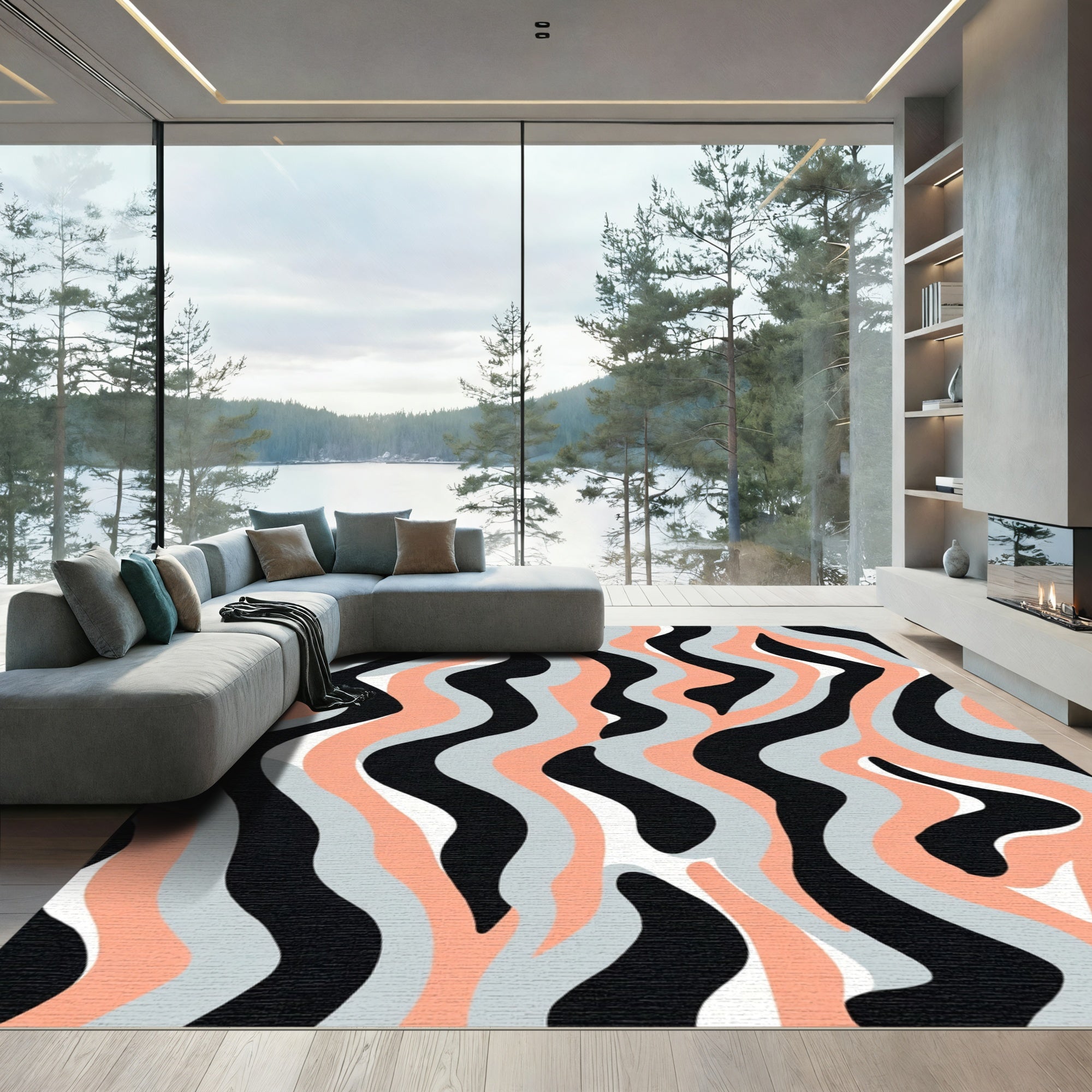 Coral Gray Black White Wavy Stripes Rug