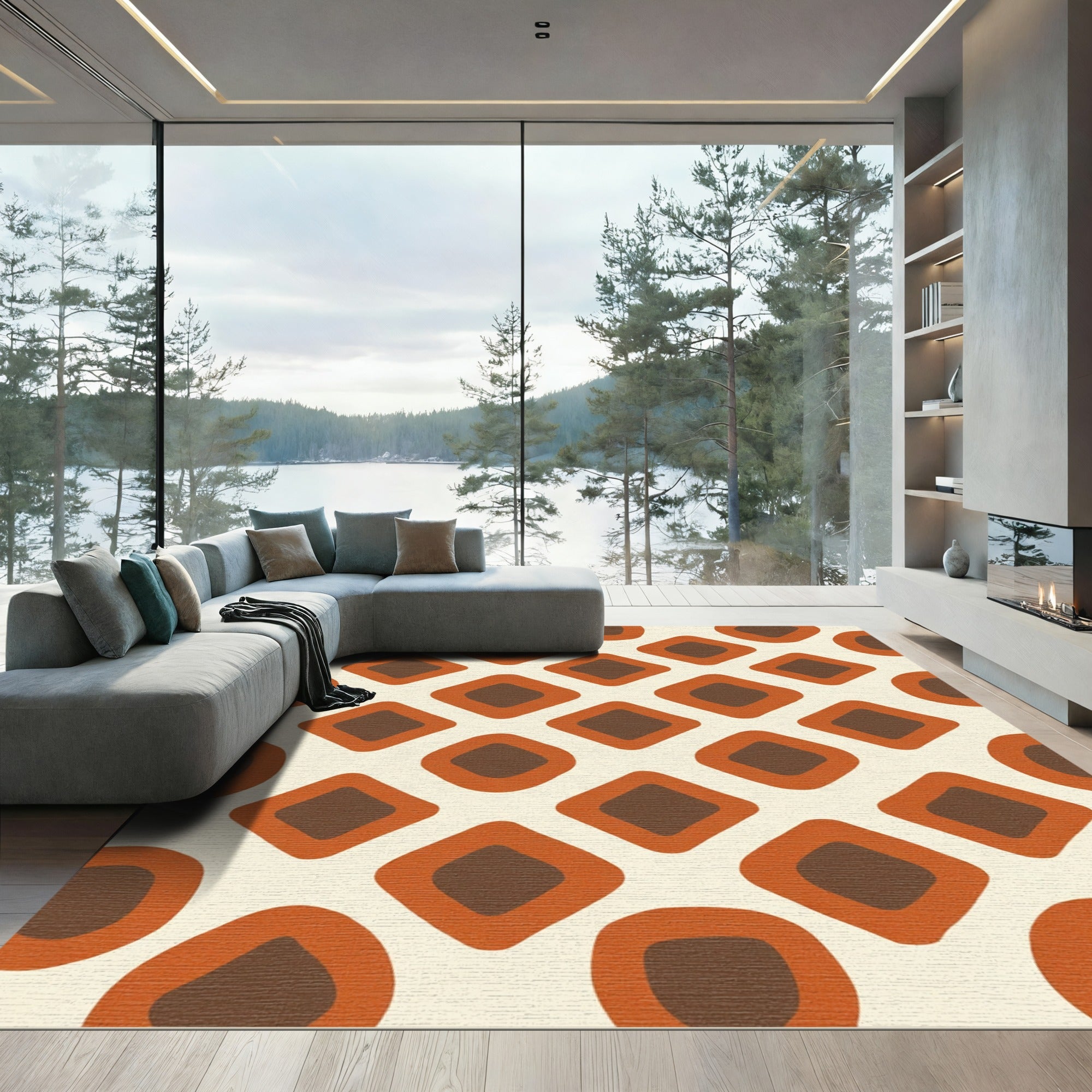 Retro Orange Brown Diamond Grid Rug