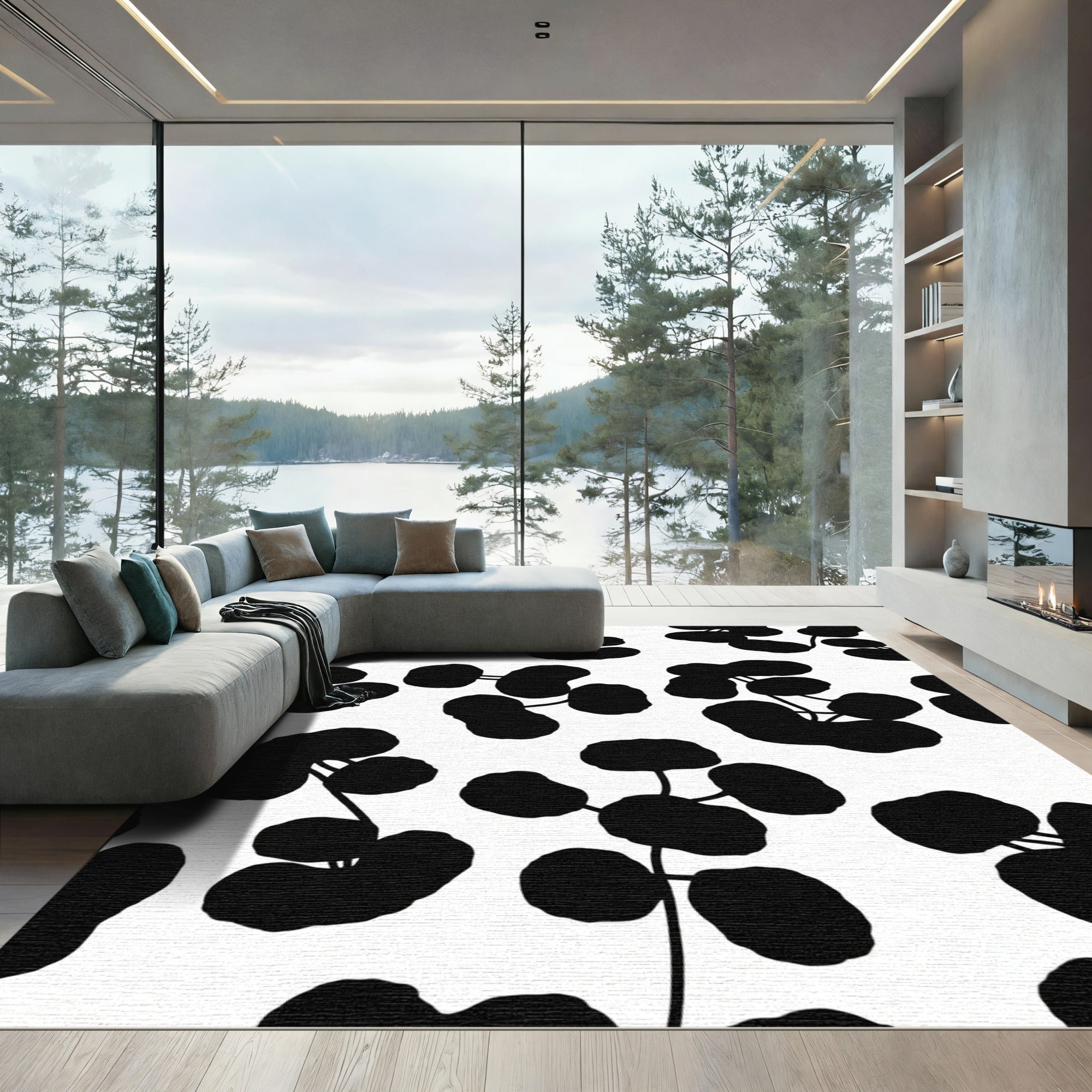 Black Bold Leafy Branch Arrangement Rug