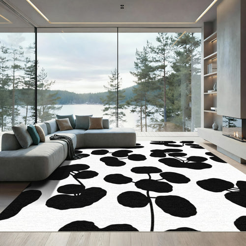 Black Bold Leafy Branch Arrangement Rug