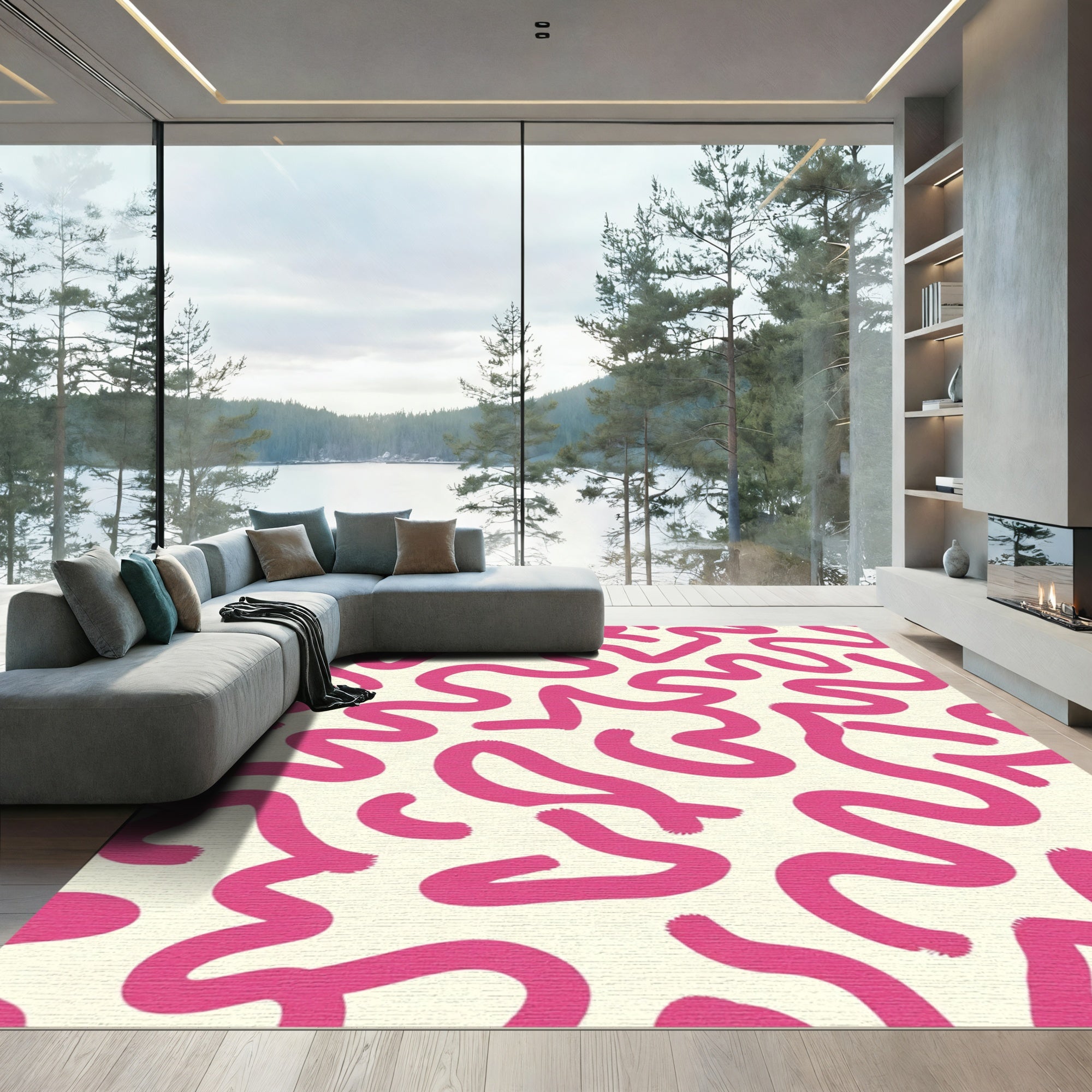 Hot Pink Swirl Abstract Cream Rug