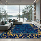 Deep Blue Gilded Floral Scroll Border Rug